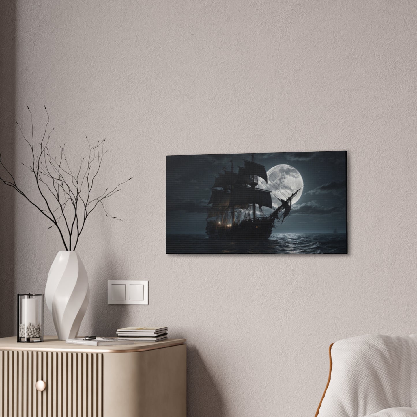 Nautical Canvas Art - Pirate Ship at Moonlight