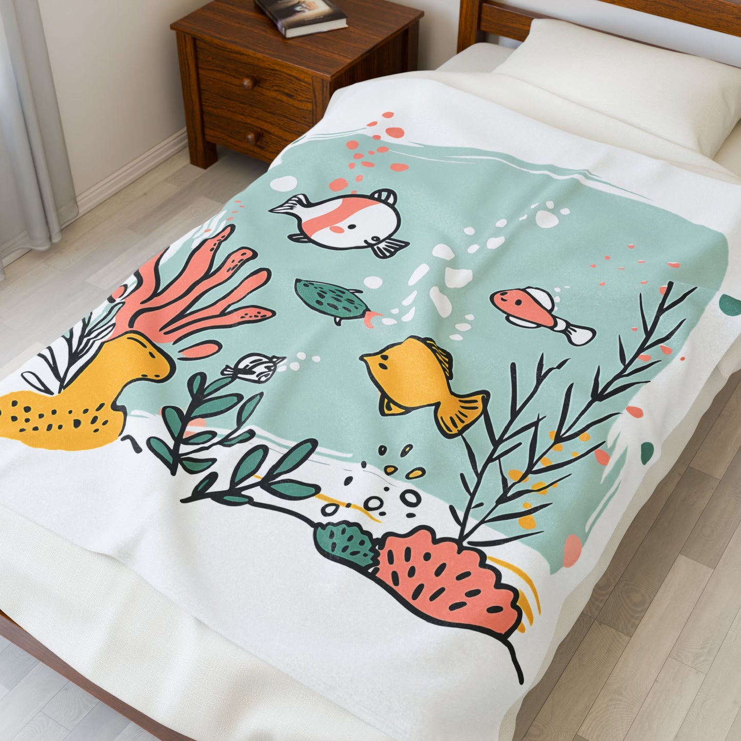 Velveteen Plush Blanket - Ocean Fish & Coral Design