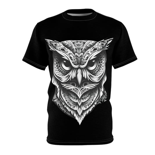 Mystical Owl Unisex Cut & Sew Tee - Bold Black Graphic T-Shirt for Animal Lovers