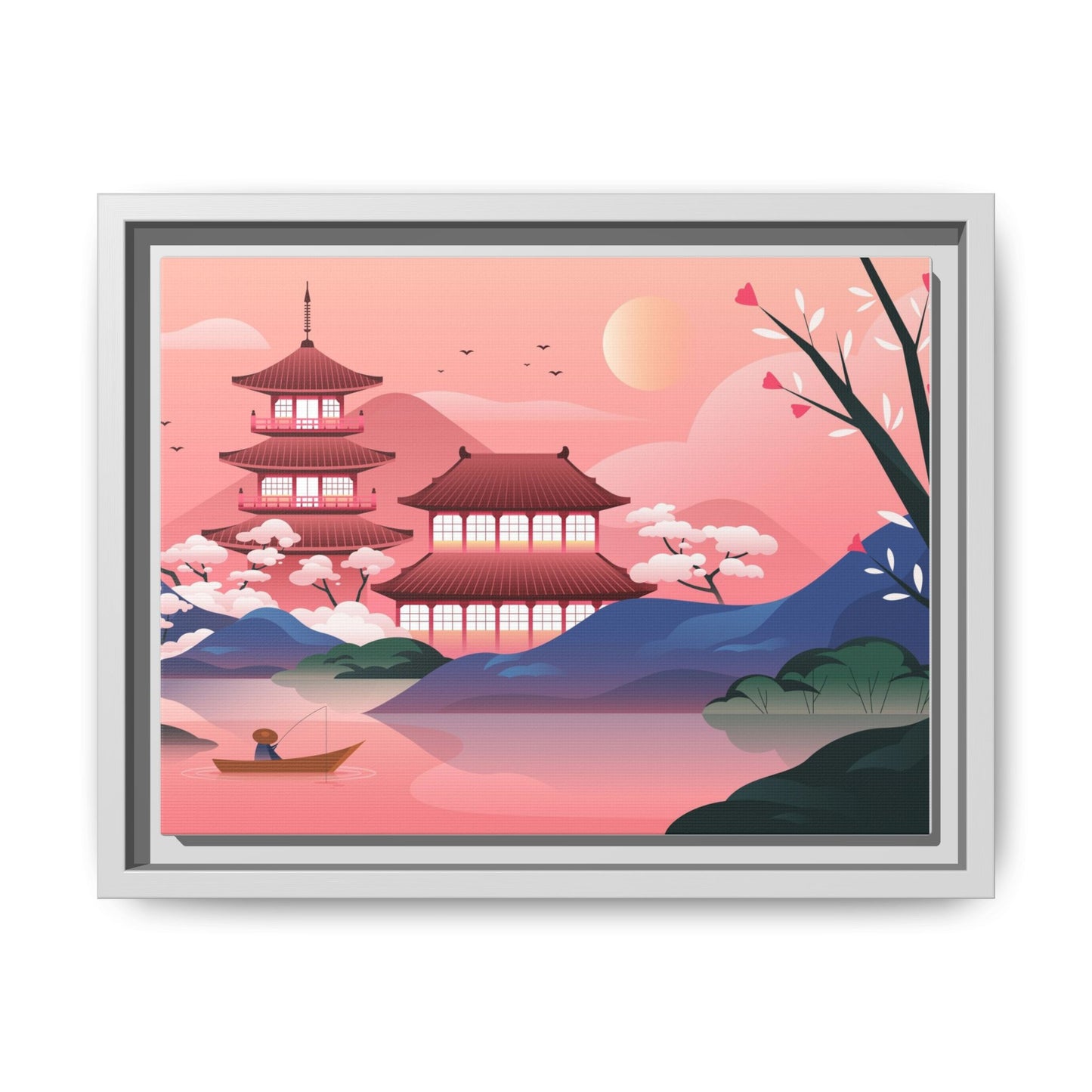 Serene Asian Landscape Framed Canvas | Multi-Color Wall Art Decor