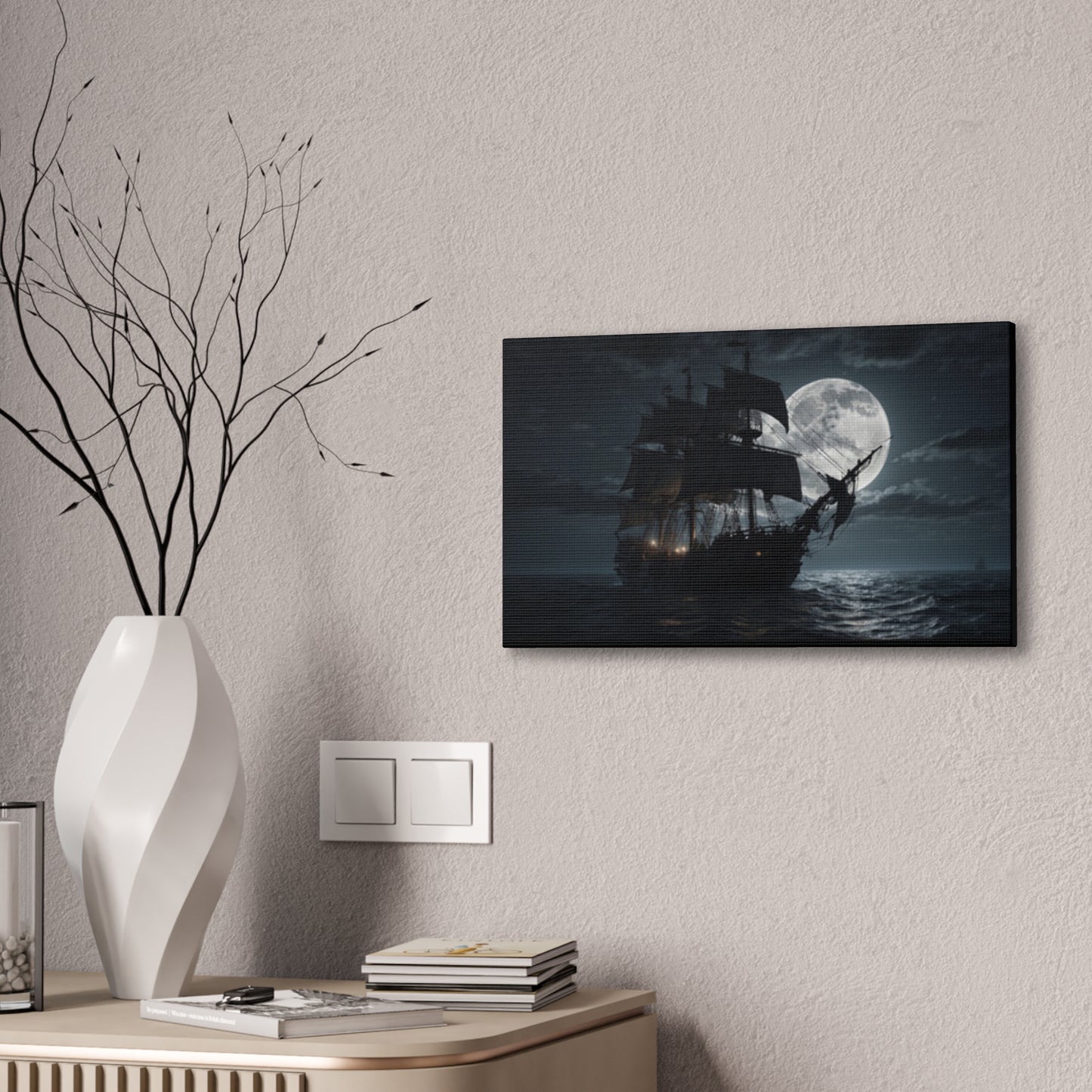 Nautical Canvas Art - Pirate Ship at Moonlight